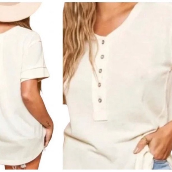 Faherty Henley Allandria White Five Button Oversized Short Sleeve Top Sz Medium - Picture 5 of 8